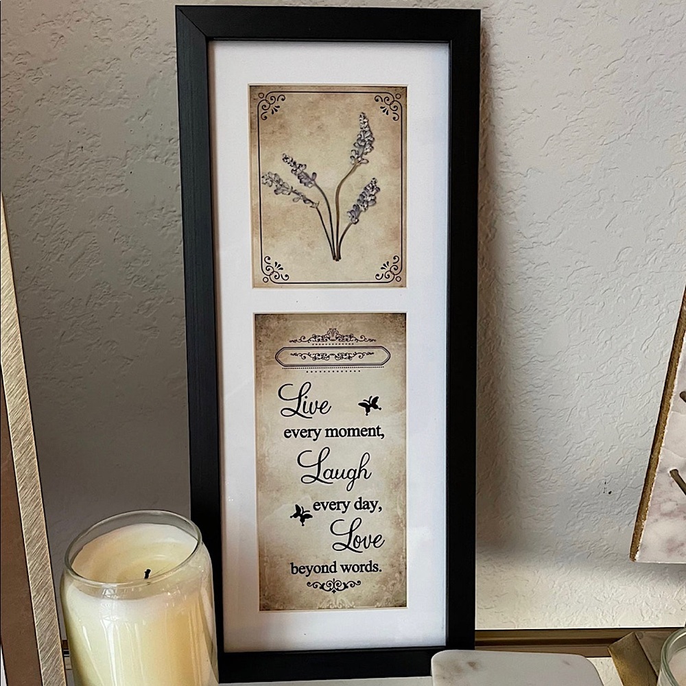 Framed “Live every moment, Laugh every day, Love beyond words” wall decor